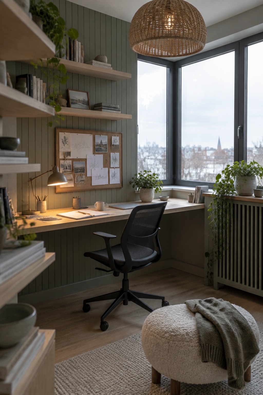 A home office with a long wooden desk placed under large corner windows, a black mesh office chair, and a corkboard mounted on the green wall above the desk.