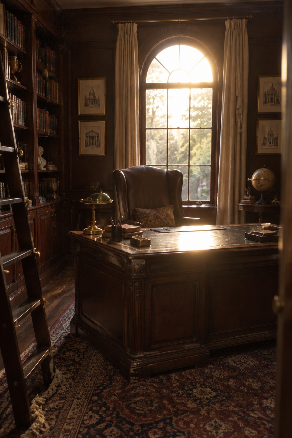 Sunlit ornate wooden desk with leather chair in dark-paneled study near arched window and bookshelves