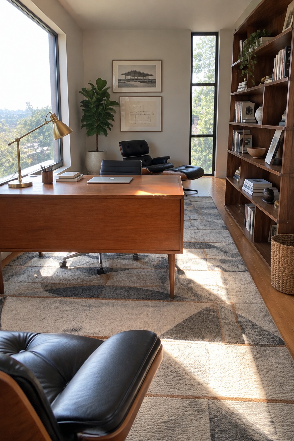 Mid-century modern office with wooden desk, black leather chairs, patterned rug, and bookshelf.
