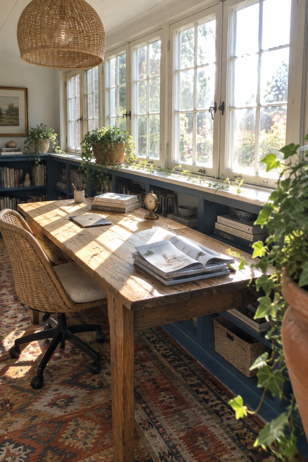 Sunlit wooden desk with open book, wicker chair, plants, and blue shelves.