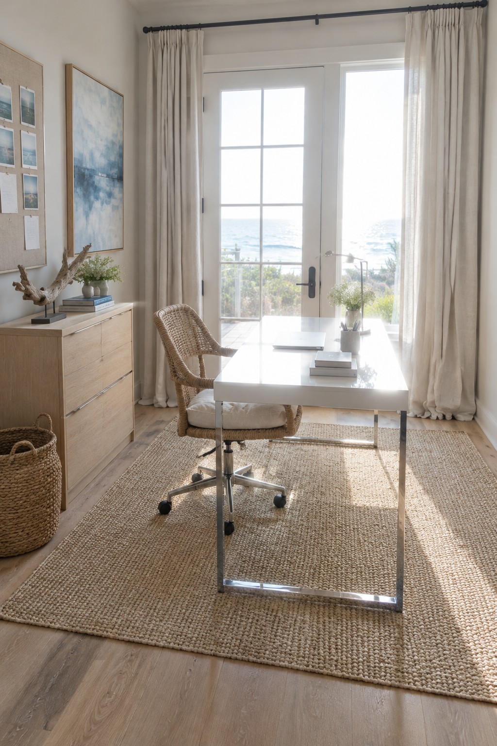 A white rectangular desk with chrome legs sits on a jute rug facing glass doors to the ocean, with a woven swivel chair pulled up to it.