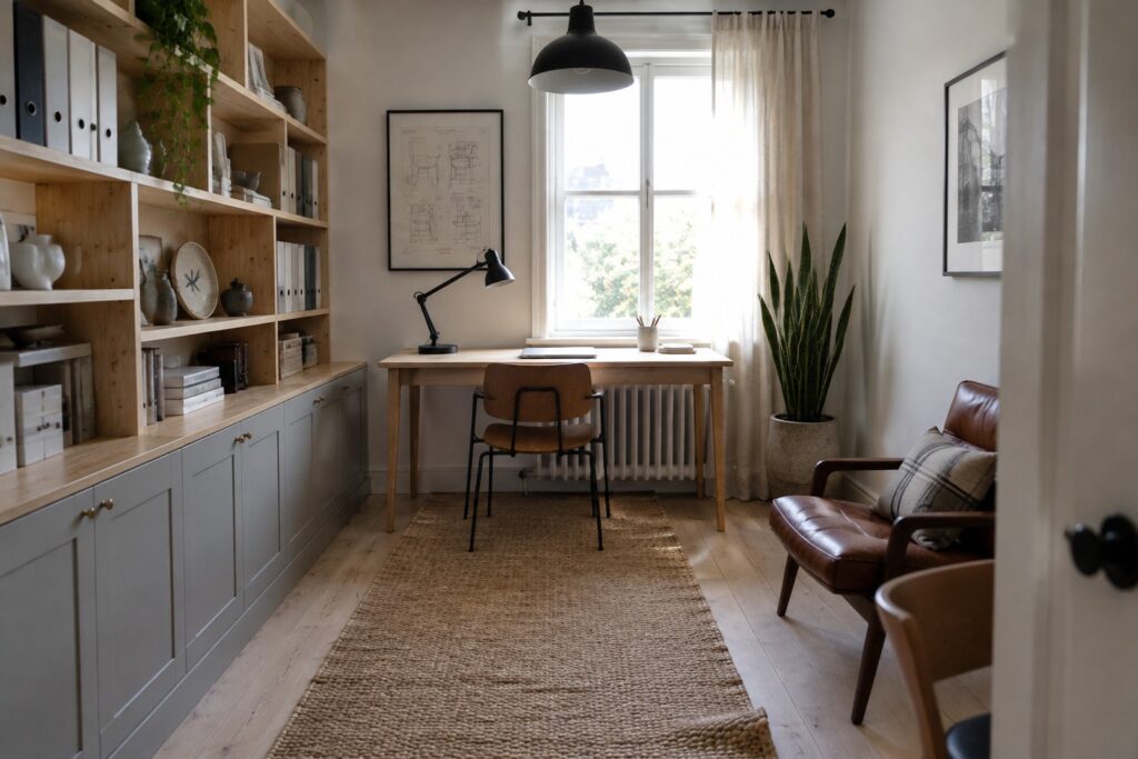 A narrow home office with a light wood desk centered in front of a large window, a woven chair tucked under the desk, and a long jute runner on the floor.