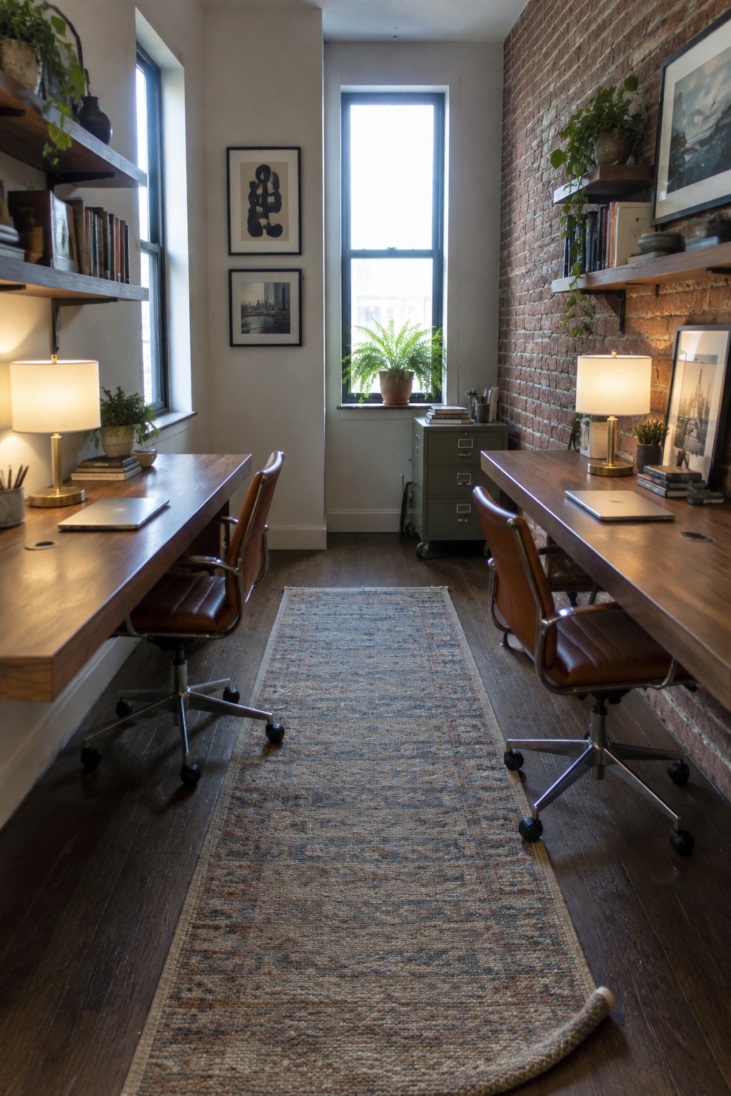 Two wooden desks with brown leather chairs on a patterned runner rug in brick office