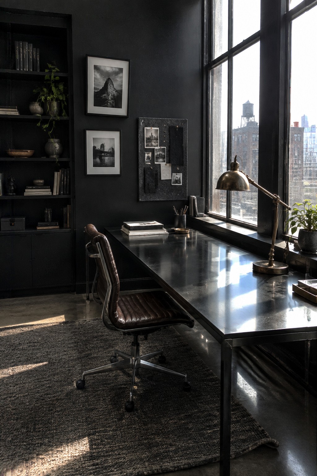 A dark rectangular home office with a long metal desk placed directly in front of a large multi-pane window, a brown leather swivel chair on a dark rug, and black built-in shelves along the left wall.