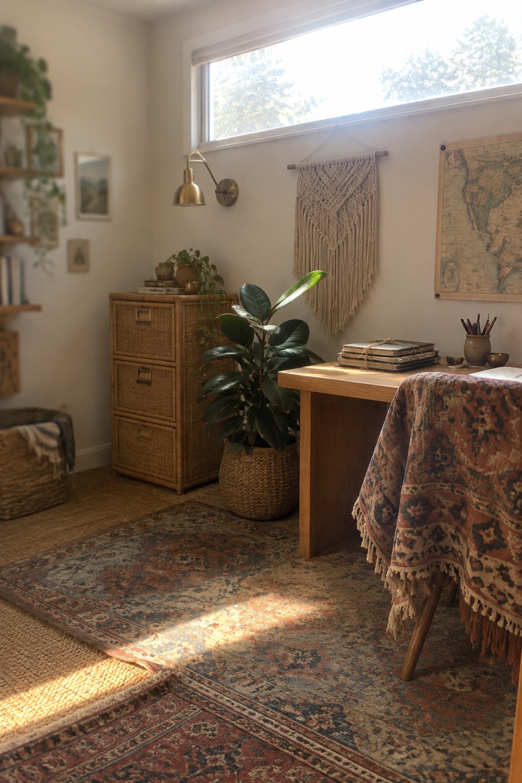 A home office interior with a wooden desk placed directly beneath a large horizontal window, a potted rubber plant beside it, and layered patterned rugs on the floor.