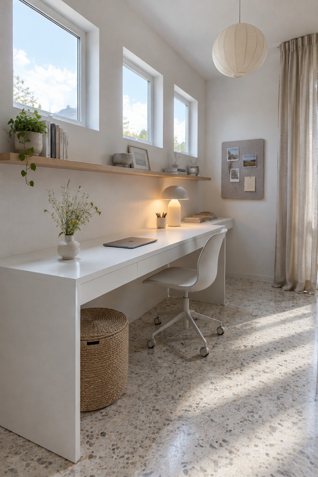 A minimalist white home office with a long desk positioned beneath three narrow windows, a white swivel chair, a woven basket underneath the desk, and a wooden shelf holding books and small items.