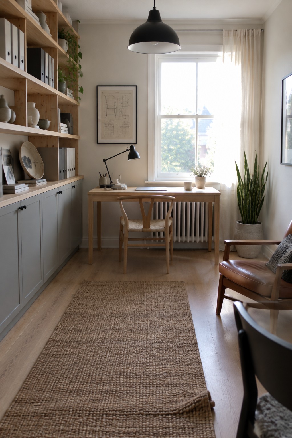 A narrow home office with a light wood desk centered in front of a large window, a woven chair tucked under the desk, and a long jute runner on the floor.
