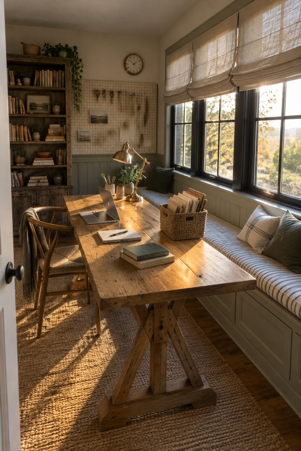 Rustic wooden desk with laptop and books in sunlit study beside cushioned window seat