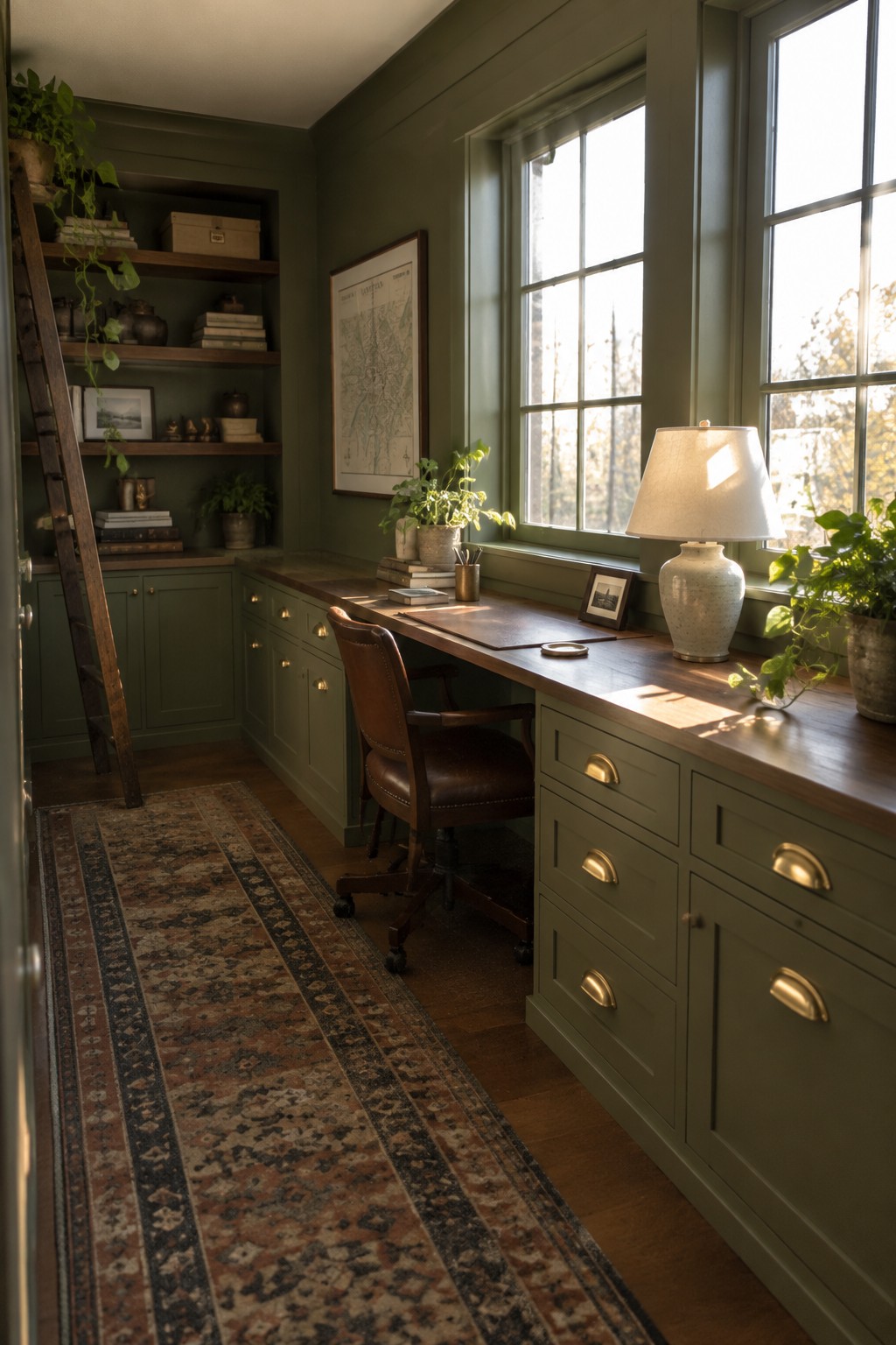 A long rectangular home office with a wooden desk running beneath a row of windows, green built-in cabinets below the desk, a brown leather office chair, and a patterned runner rug on the floor.