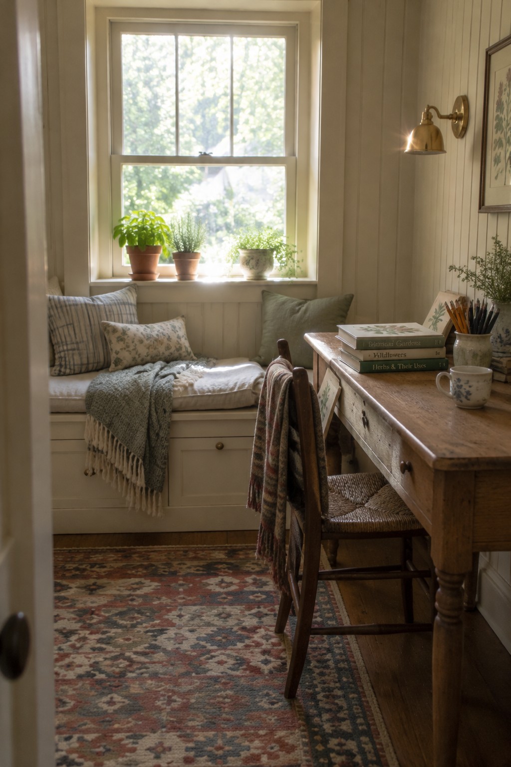 A rectangular home office with a wooden desk along one wall and a built-in window seat with cushions and plants under a large multi-pane window.