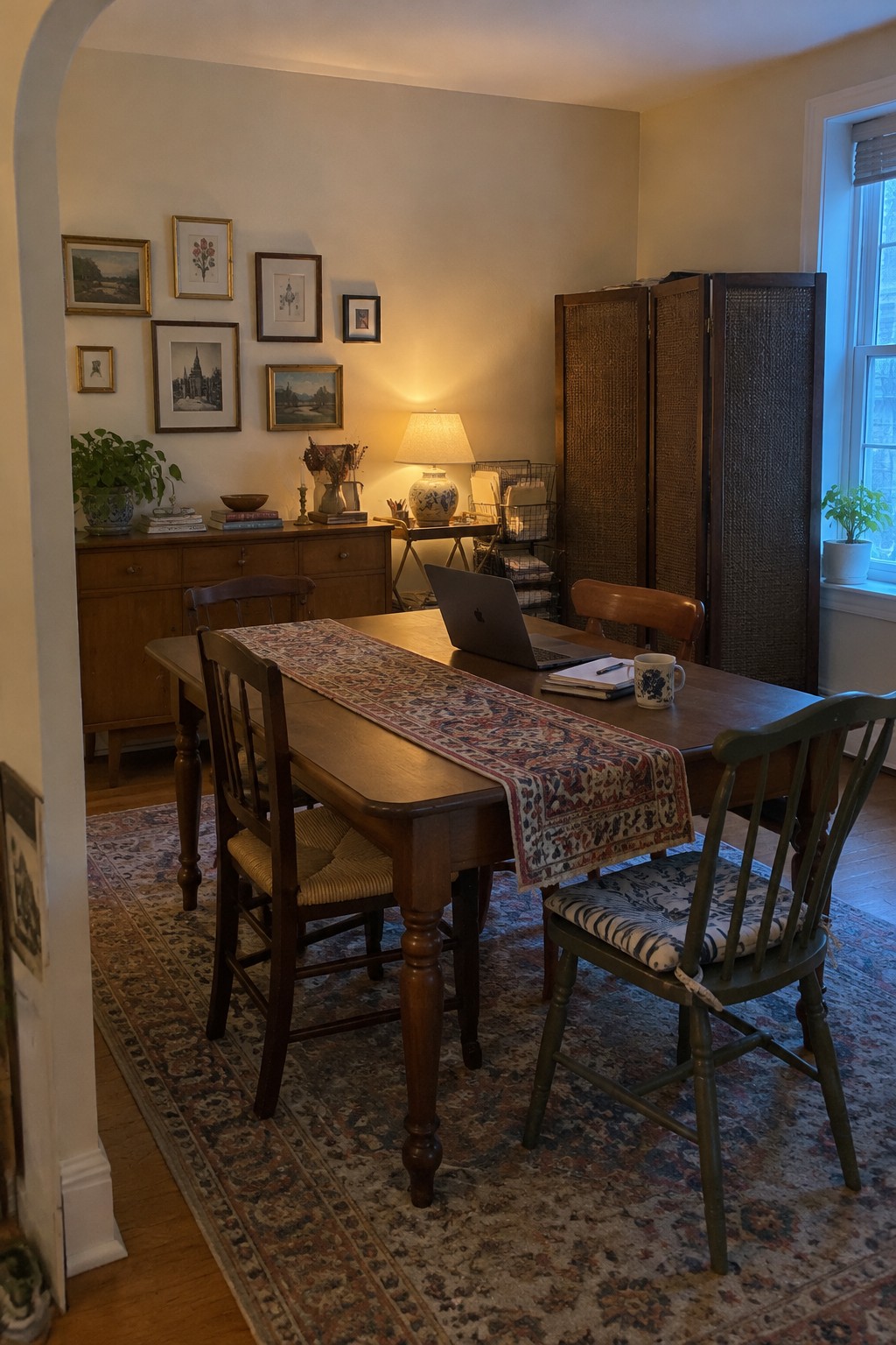 A wooden table with a laptop, notebook, and mug functions as a desk in a furnished room with wooden chairs, a sideboard, framed pictures on the wall, and a large patterned rug.