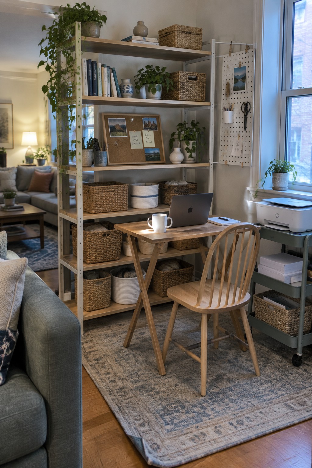 Cozy wooden desk with laptop in a plant-filled home office with shelves and baskets