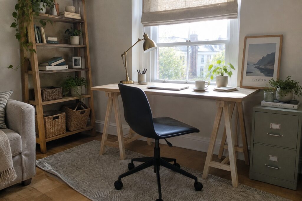 A home office featuring a light wood desk with black chair, a leaning wooden ladder shelf holding plants and woven baskets, and a window with a beige roman shade.