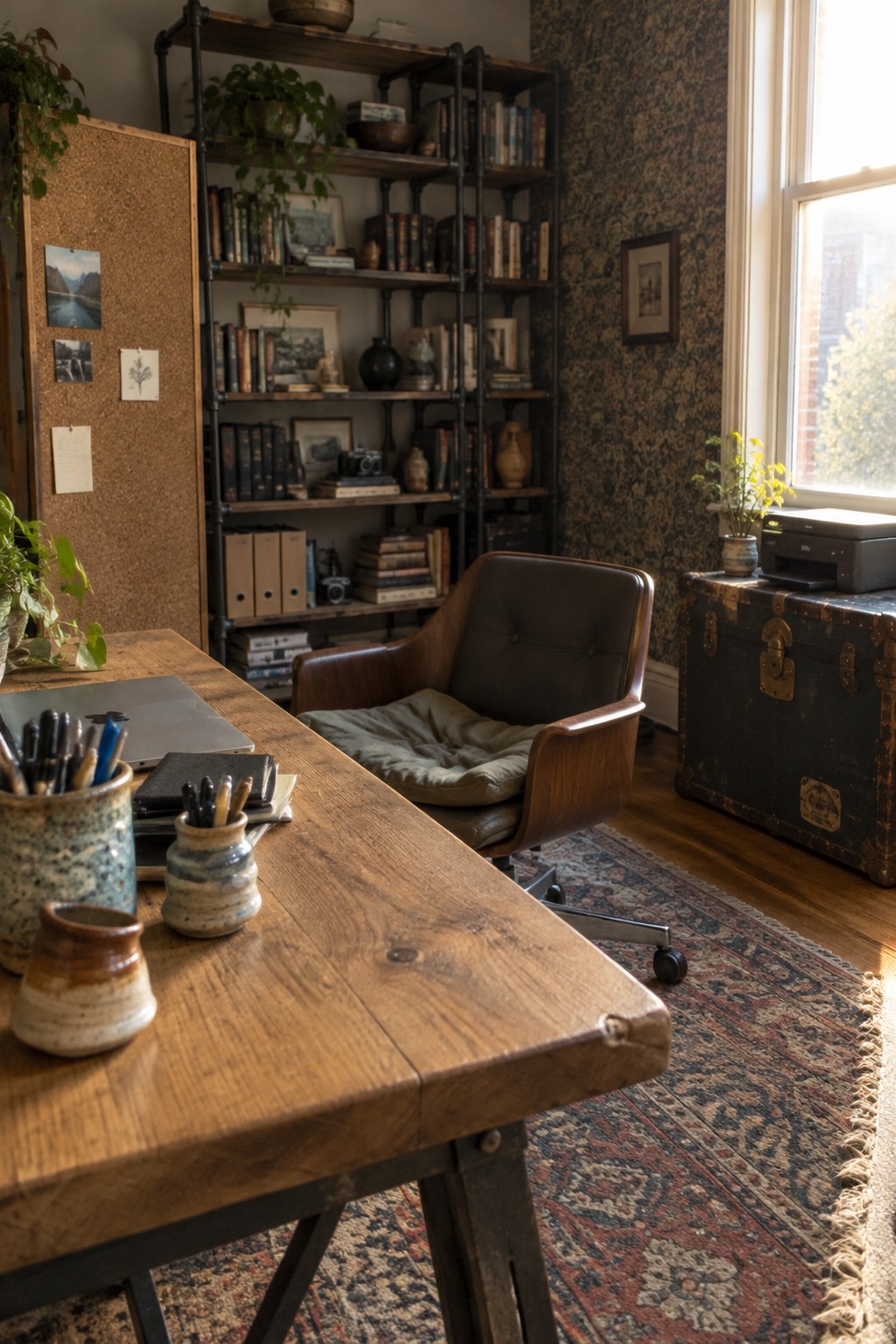 Cozy home office with wooden desk, brown leather chair, bookshelves, and sunlit window