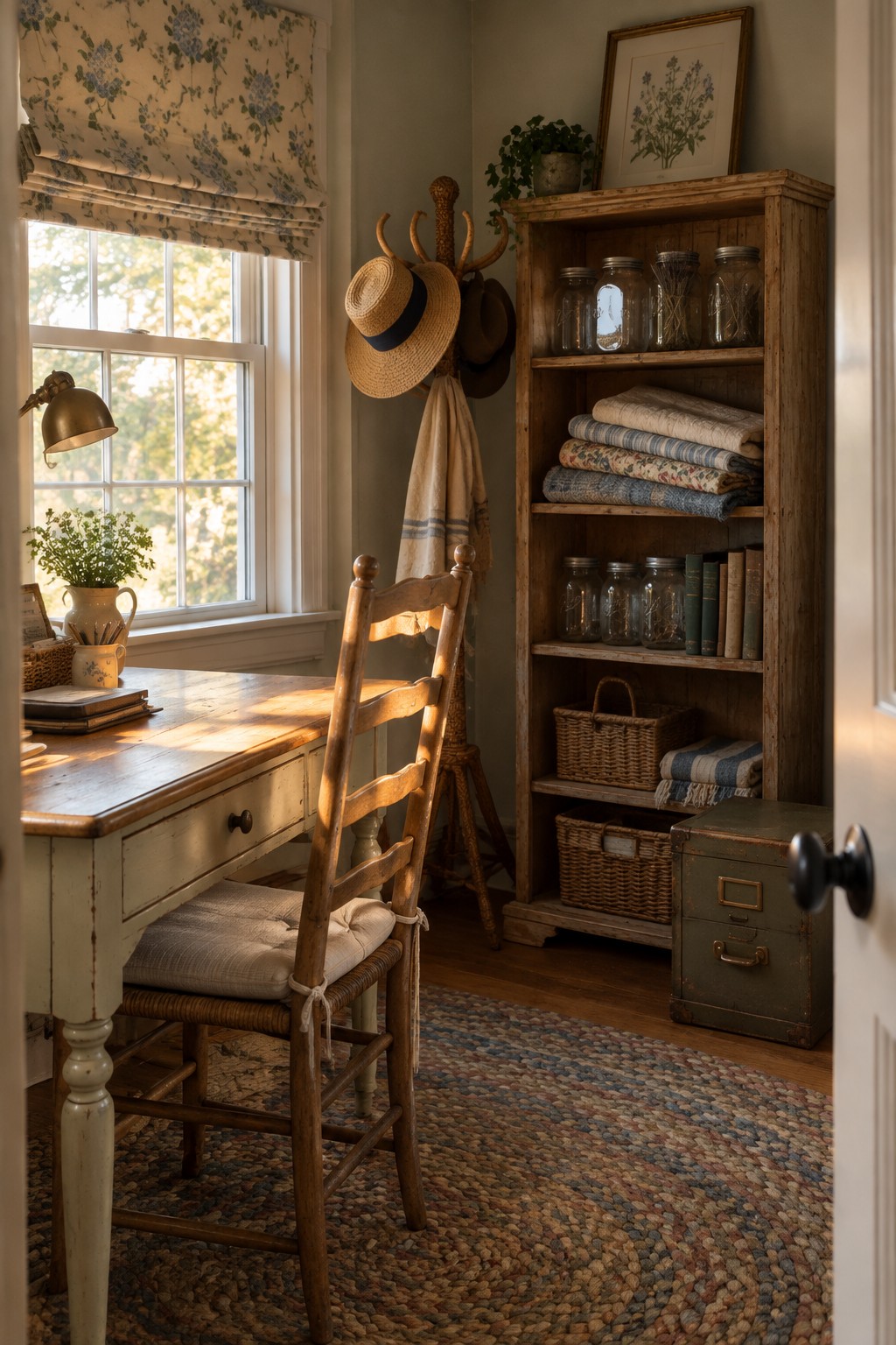 Rustic wooden desk by sunny window with hat rack, bookshelf, and braided rug