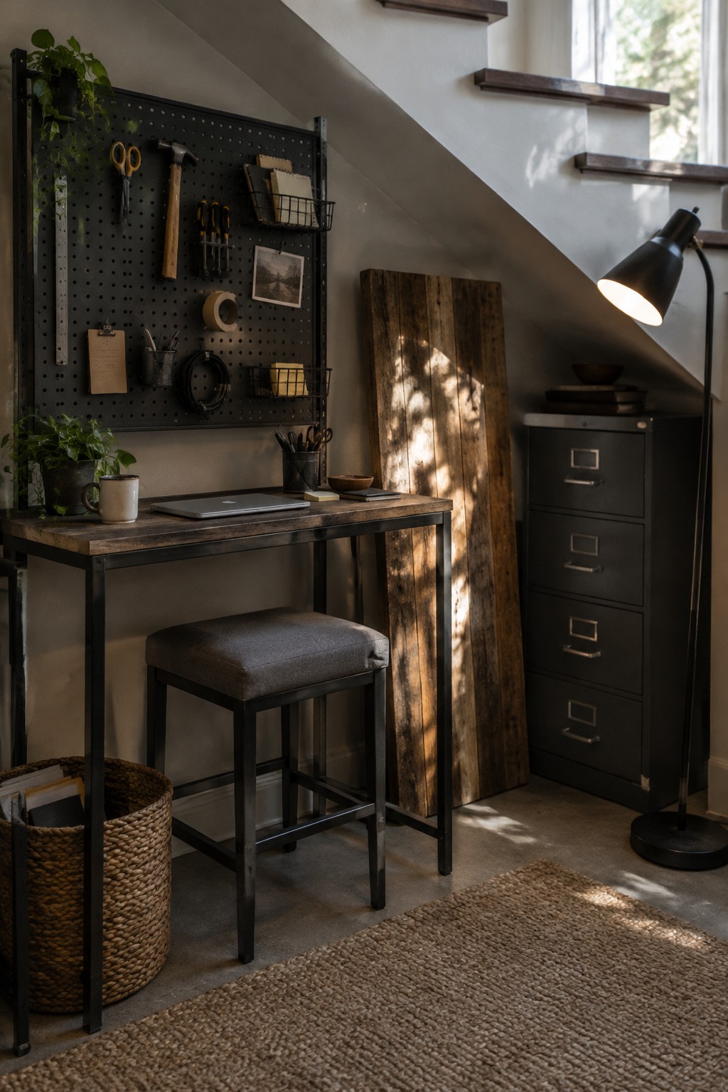 A compact desk and stool placed under a staircase, with a black pegboard holding tools on the wall above, a filing cabinet to the side, and a black floor lamp nearby.