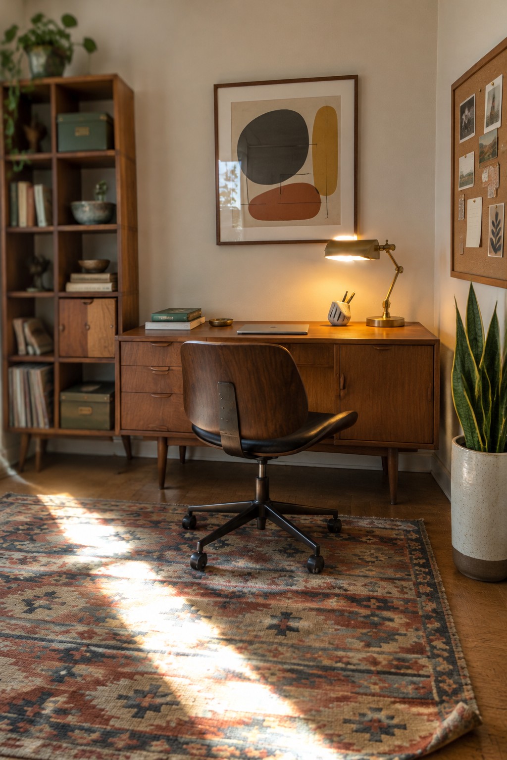 A mid-century wooden desk with storage drawers sits against a wall under framed art, paired with a dark wood office chair on a patterned rug, next to a tall bookshelf and a potted plant.