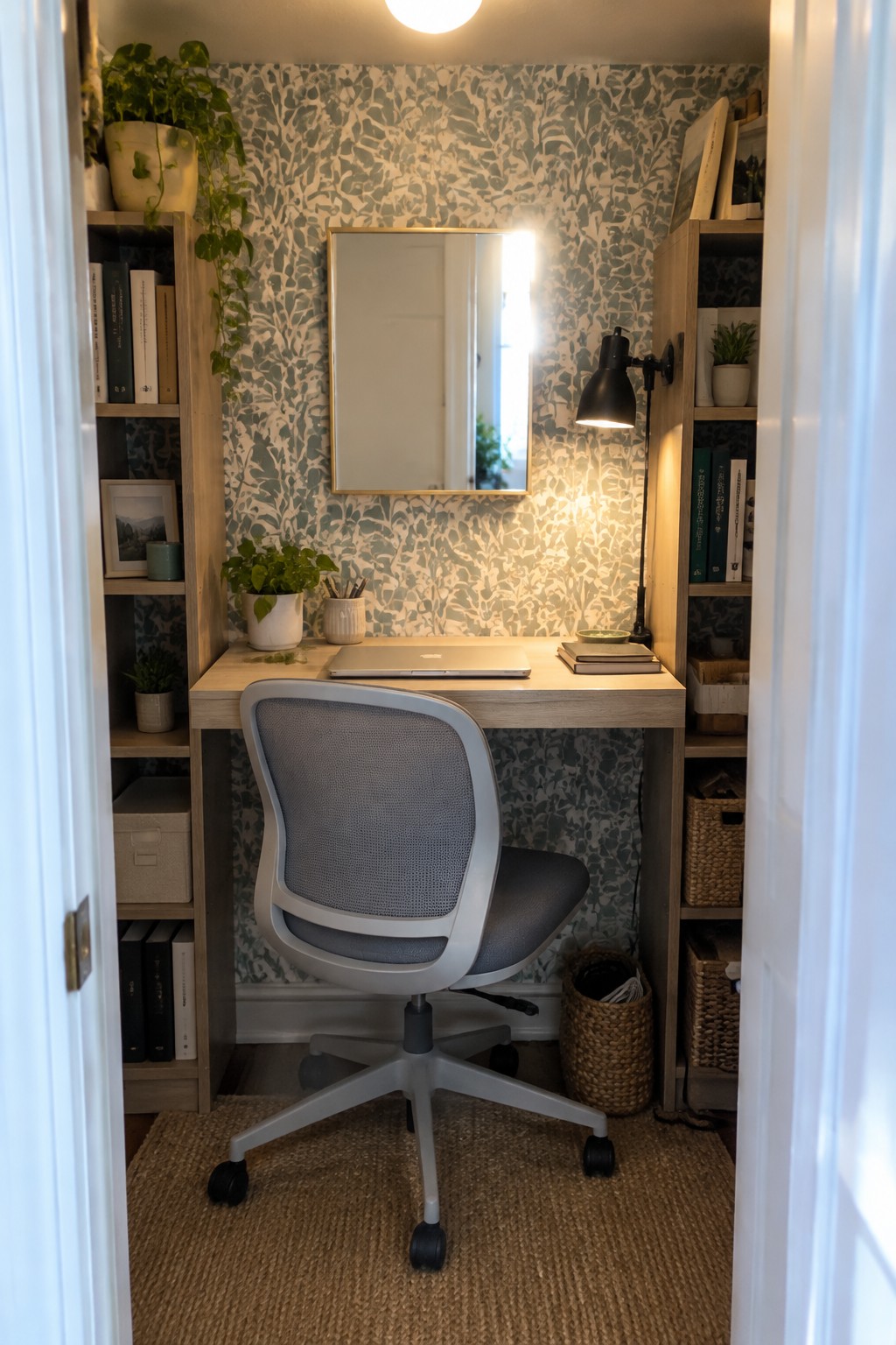 Compact office nook with wooden desk, gray chair, laptop, lamp, books, plants, and patterned wallpaper
