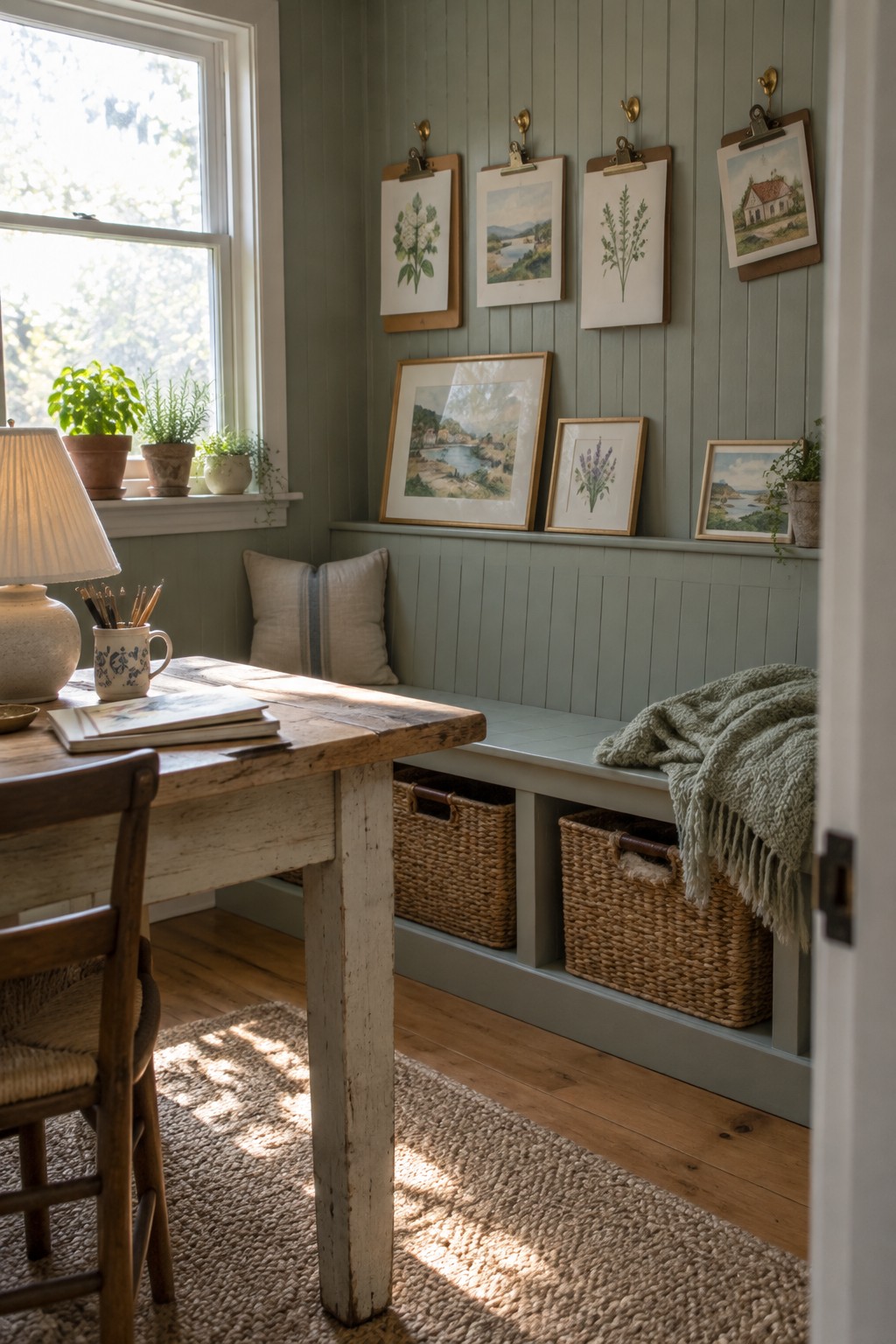 A home office with a rustic wooden desk, woven chair, and sage green paneled wall displaying botanical prints and landscapes on wooden clipboards above a built-in bench with woven storage baskets.