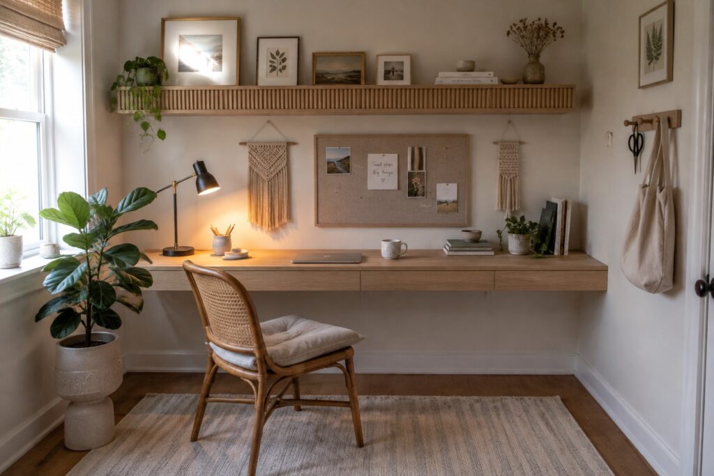 A home office with light wood floating shelves above a desk, holding framed artwork, books, and small potted plants, with a woven chair in front.