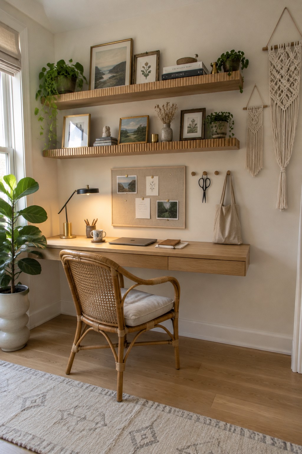 A home office with light wood floating shelves above a desk, holding framed artwork, books, and small potted plants, with a woven chair in front.