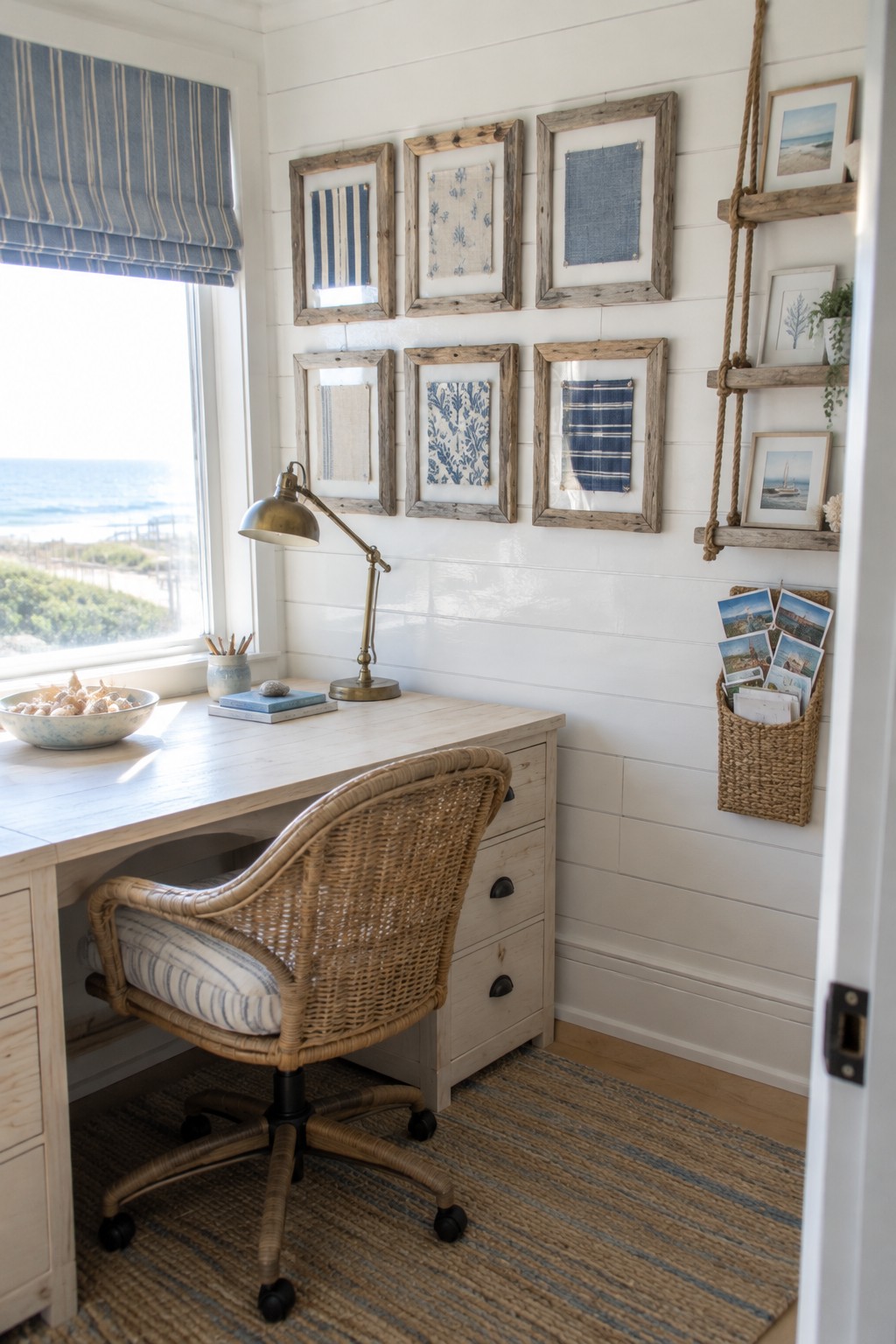 A light wood desk with a woven chair sits beneath a grid of rustic wooden frames holding various blue and white fabric swatches on a white shiplap wall.