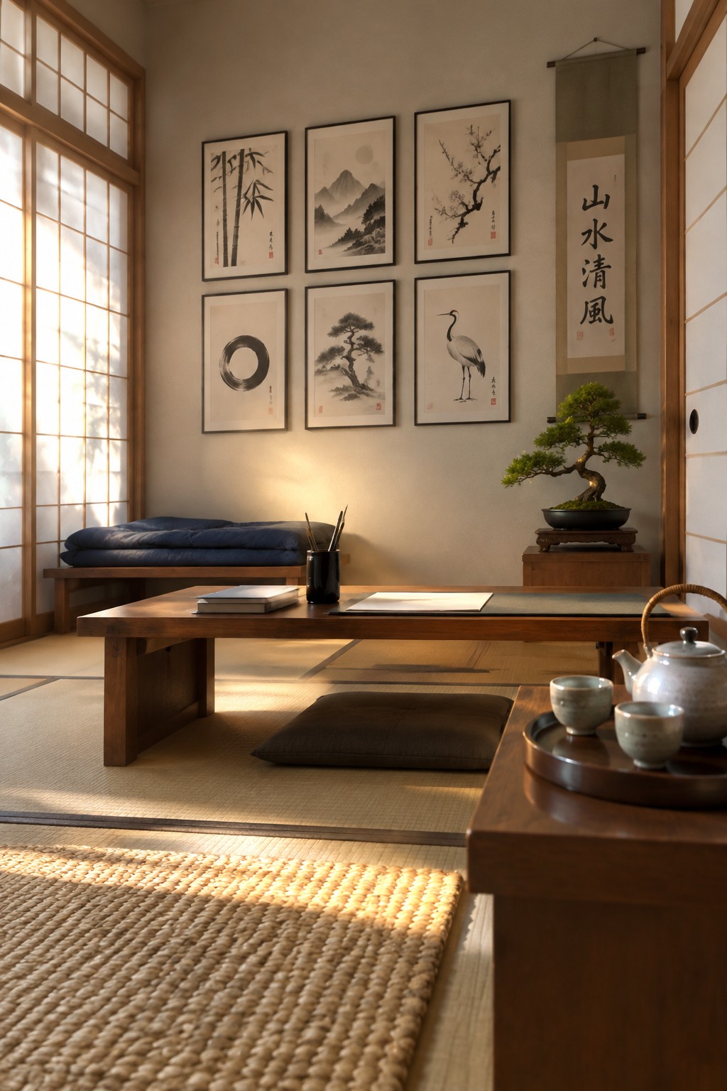 A Japanese-style interior with six framed ink wash paintings arranged in two rows of three above a low wooden table on tatami flooring.