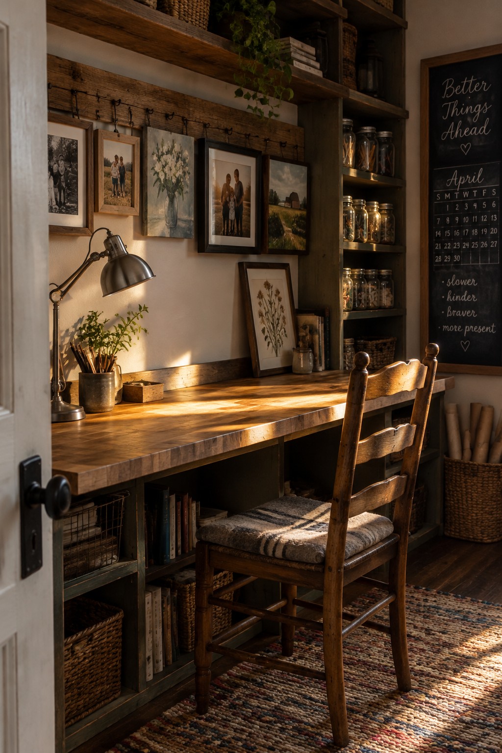 A rustic home office with a long wooden desk, a wooden chair on a woven rug, and multiple framed photos hanging from a wire on the wall above the desk, next to a chalkboard calendar.