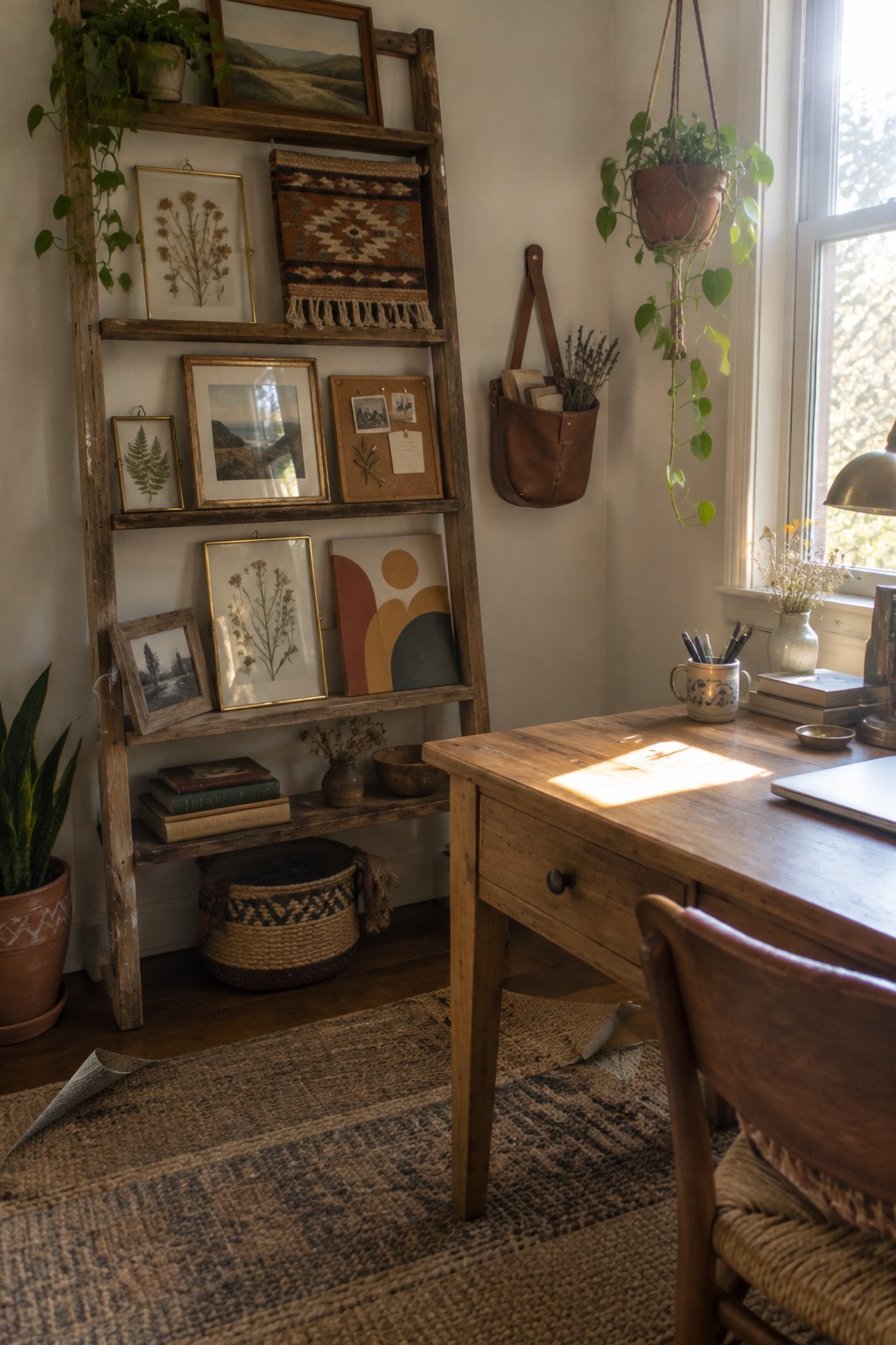 A wooden ladder shelf leaning against an off-white wall displays framed prints, a woven wall hanging, books, and small plants beside a wooden desk with a woven chair.