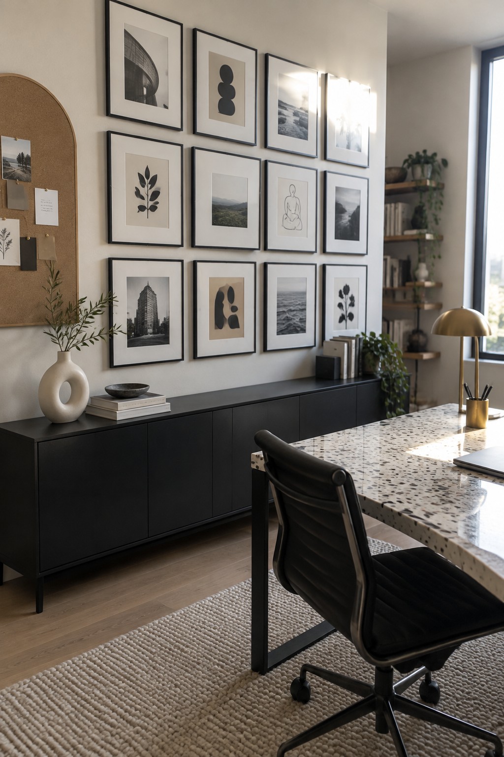 A modern home office featuring a large gallery wall of black-framed prints and photos above a long black credenza, with a terrazzo desk and black office chair in the foreground.