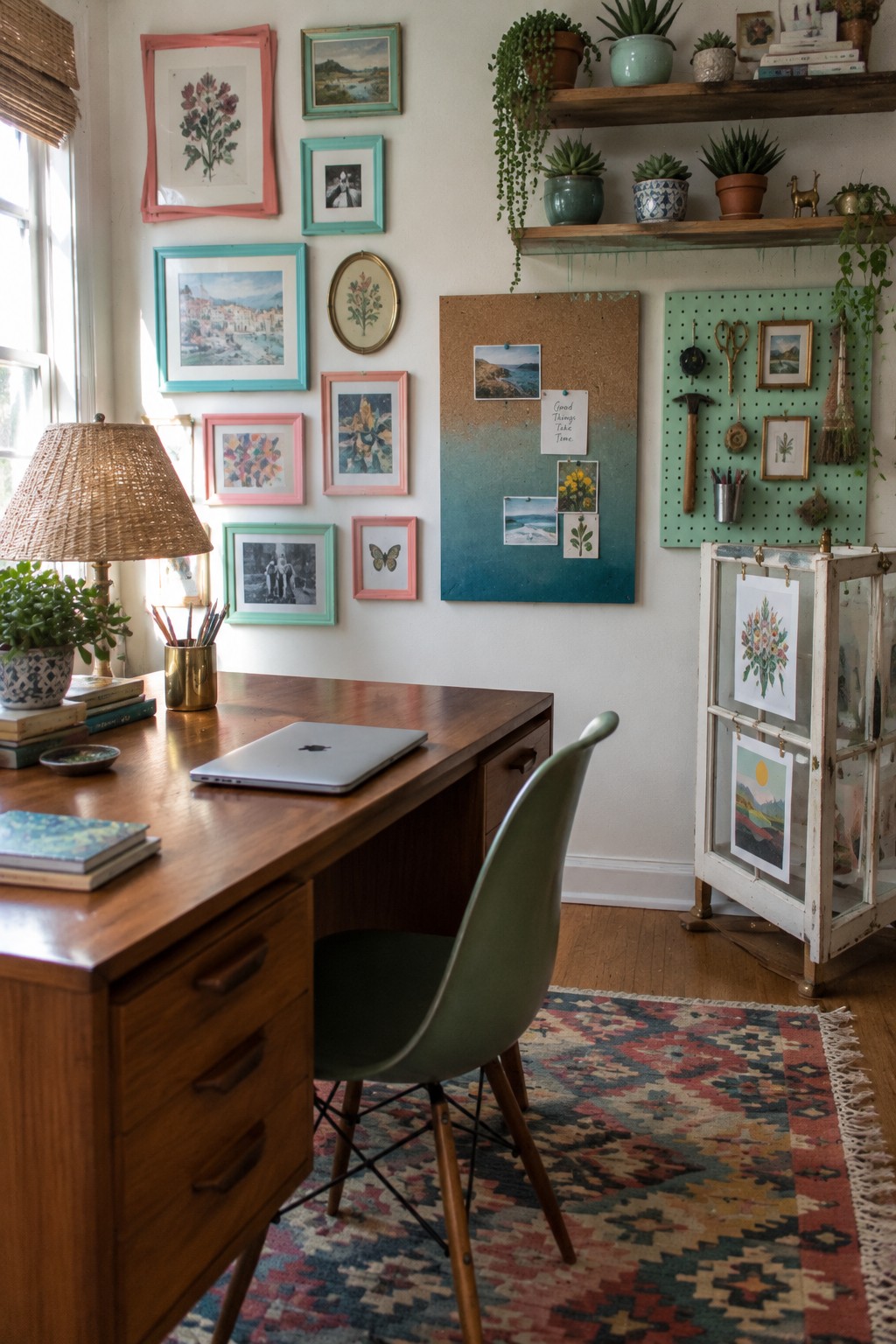 Eclectic wooden desk with laptop, green chair, plants, and colorful framed art on walls.