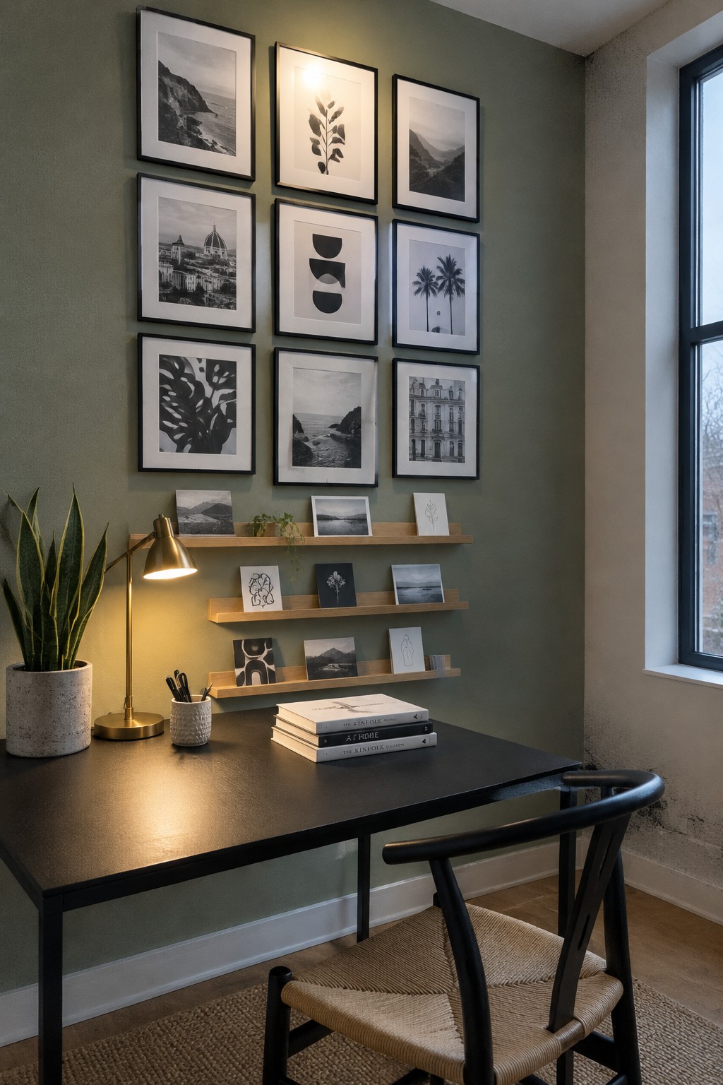 A home office with a dark desk against a green wall displaying a grid of black and white framed prints above two wooden floating shelves holding smaller artwork.