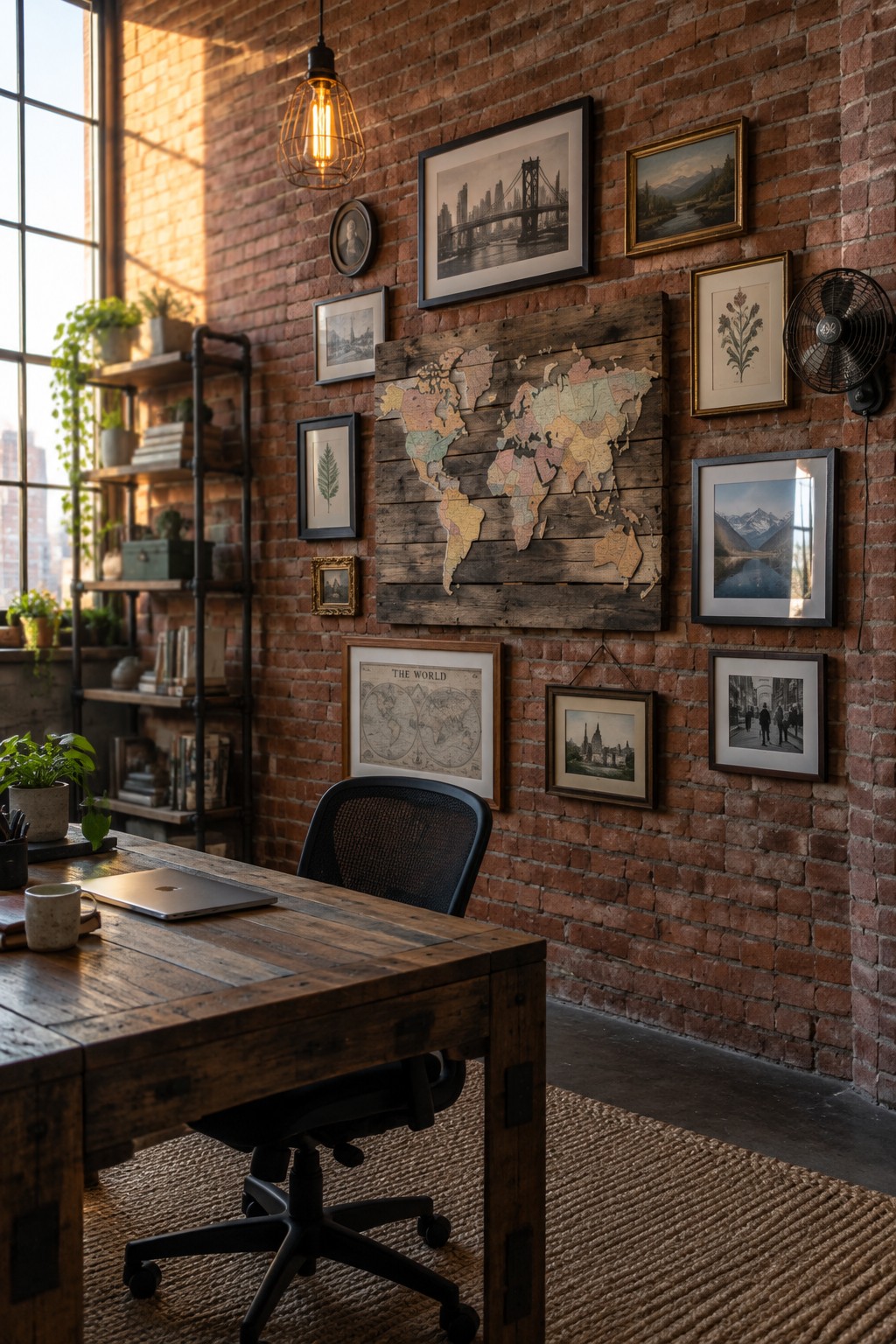 Rustic wooden desk with laptop before brick wall displaying colorful world map and framed art