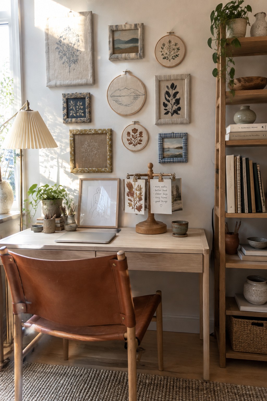 A light wood desk with a brown leather chair sits in front of a white wall covered in a gallery arrangement of framed prints, landscape paintings, and embroidery hoops.