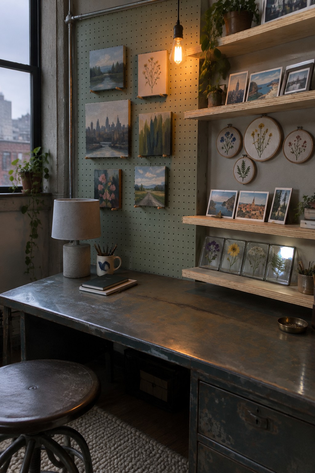 Artist's metal desk with lamp before green pegboard of paintings and wooden art shelves.