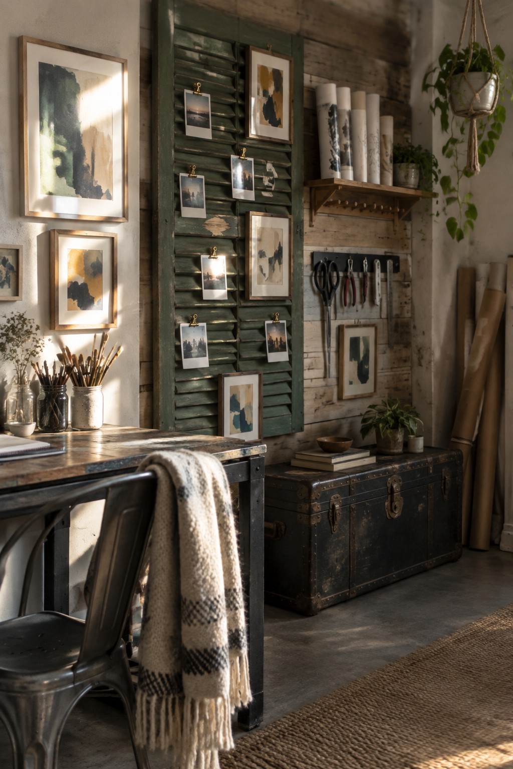 A green wooden shutter mounted on a wall holds several small photographs clipped in place, with framed artwork nearby and a wooden desk with a metal chair in front.