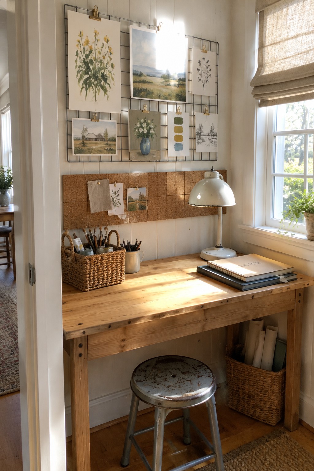 A home office desk setup with a wire grid on the wall displaying multiple prints and artworks, plus a corkboard section and wooden desk below.