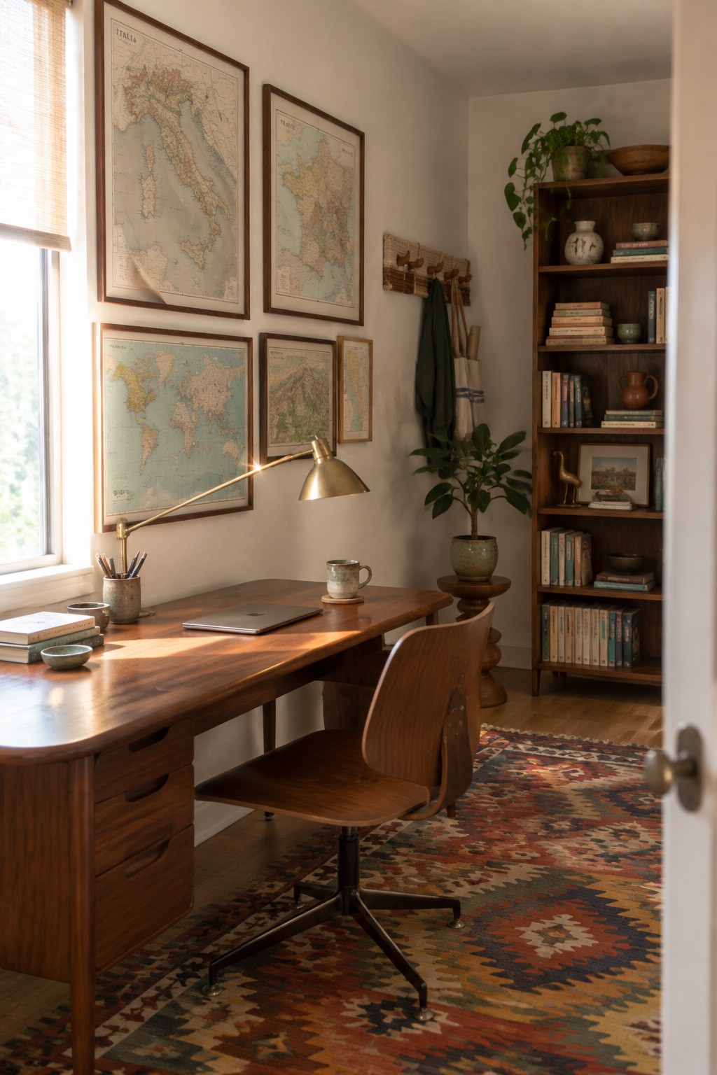 A wooden desk with a laptop and lamp sits beneath four framed vintage maps on a white wall, next to a tall wooden bookshelf and a patterned rug.