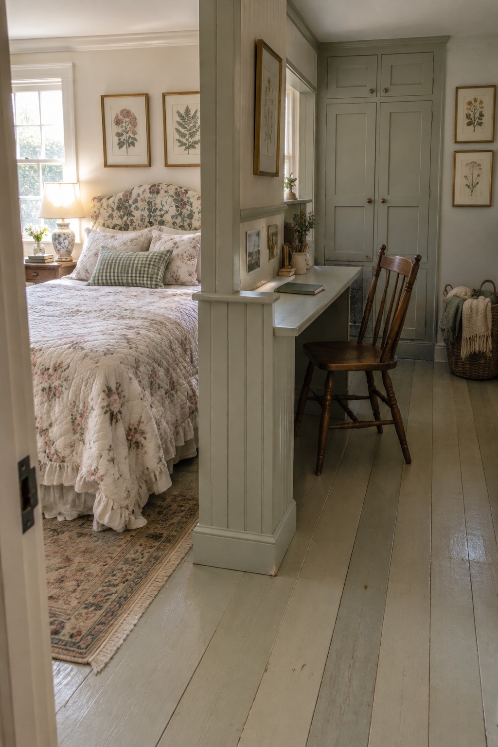 A bedroom divided by a light gray partial wall, with a floral bed on the left and a wooden desk and chair on the right.