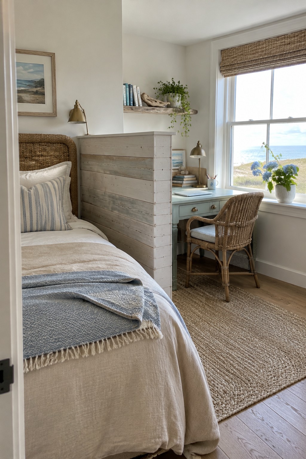 A bedroom scene showing a bed with a woven headboard on the left and a tall whitewashed wooden divider separating it from a light blue desk and wicker chair positioned near a window.