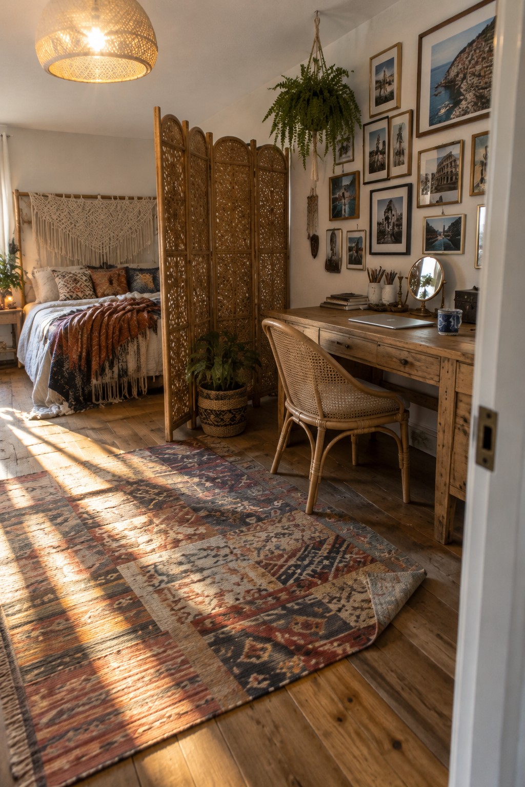 Sunlit bohemian bedroom with wooden desk, rattan chair, and colorful patterned rug
