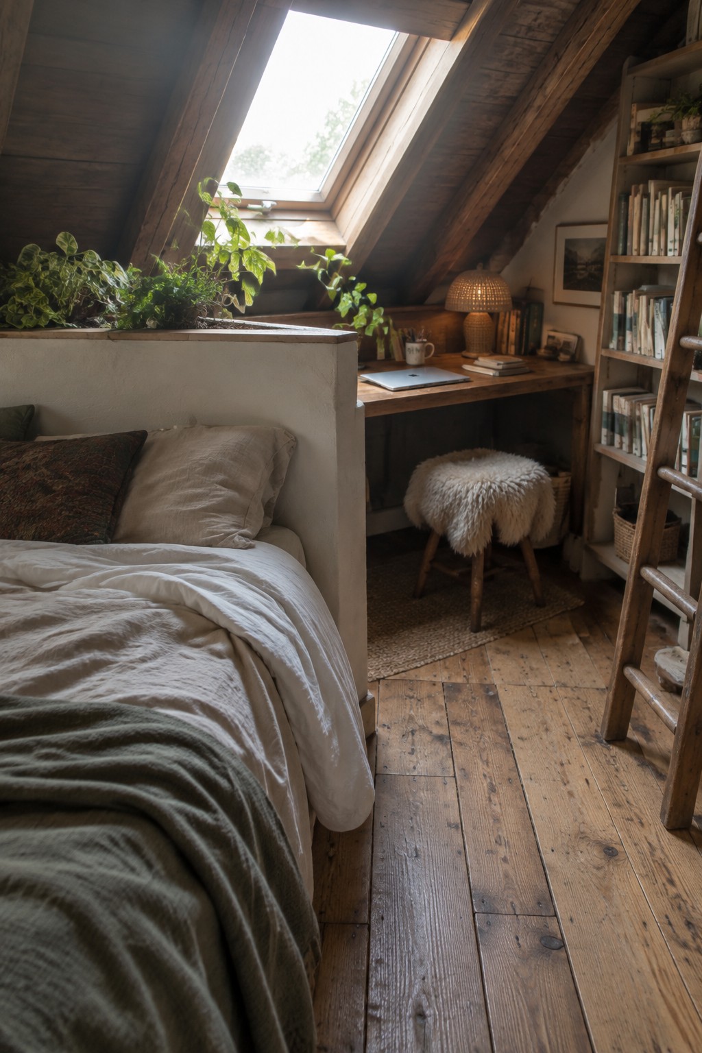Cozy attic bedroom with skylight, wooden desk, fur stool, bookshelves, and plants
