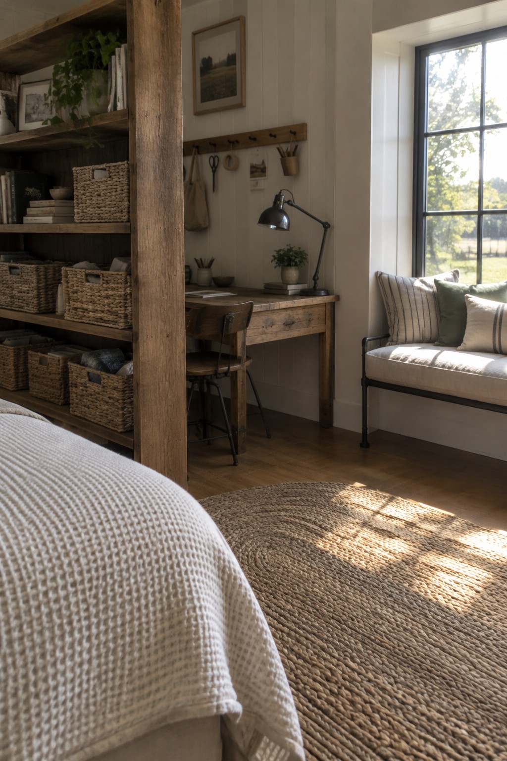 A bedroom interior showing a wooden post dividing a bed with white bedding from a wooden desk setup and window seat area.