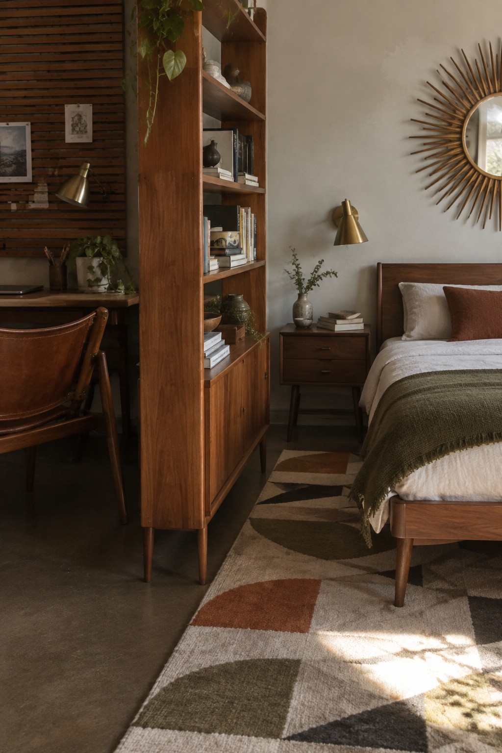 Mid-century bedroom with wooden bed, bookshelf divider, leather chair, and geometric rug