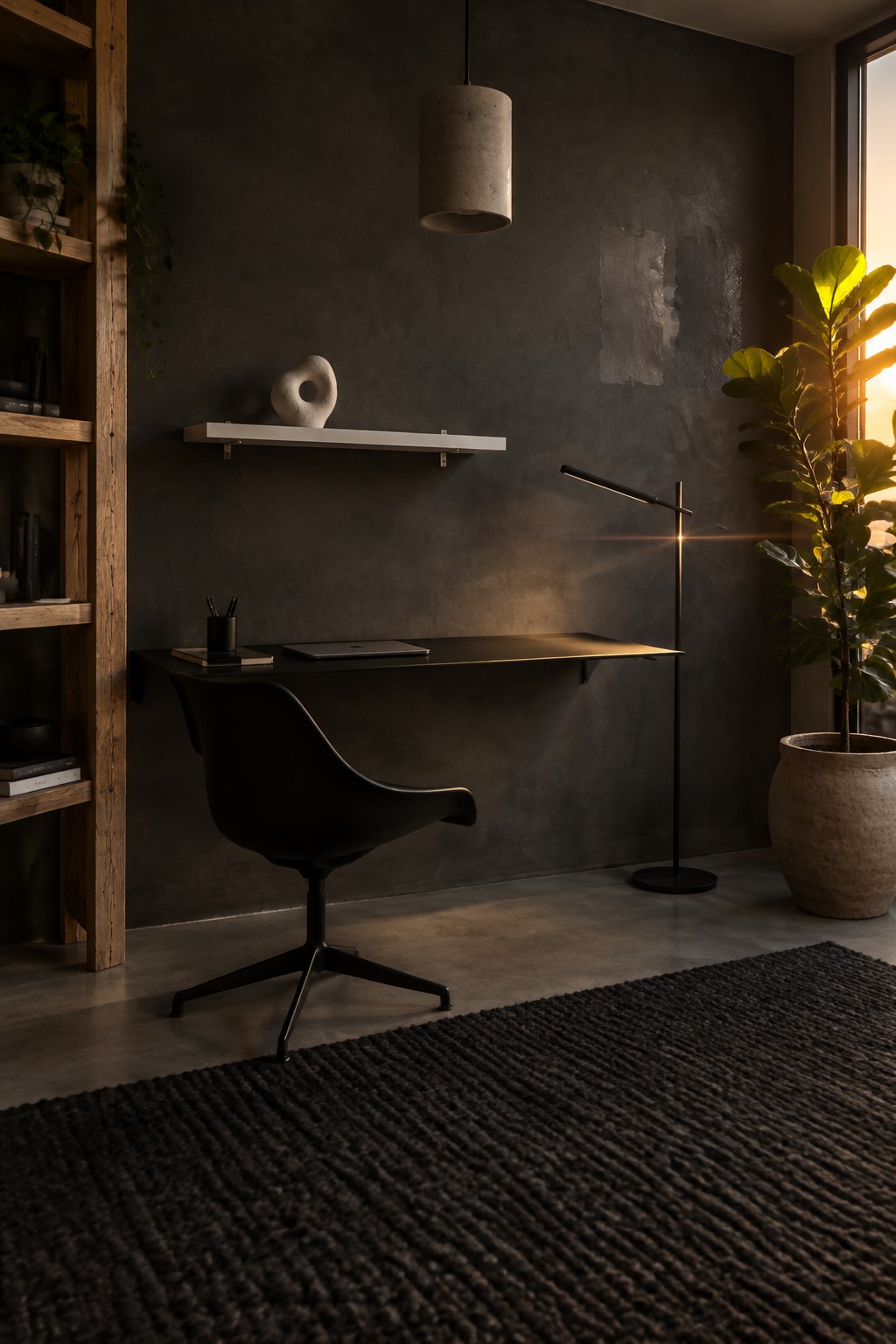 A home office with a black desk and chair against a dark textured wall, a white floating shelf above the desk, a concrete pendant light, and a large potted plant near a window.