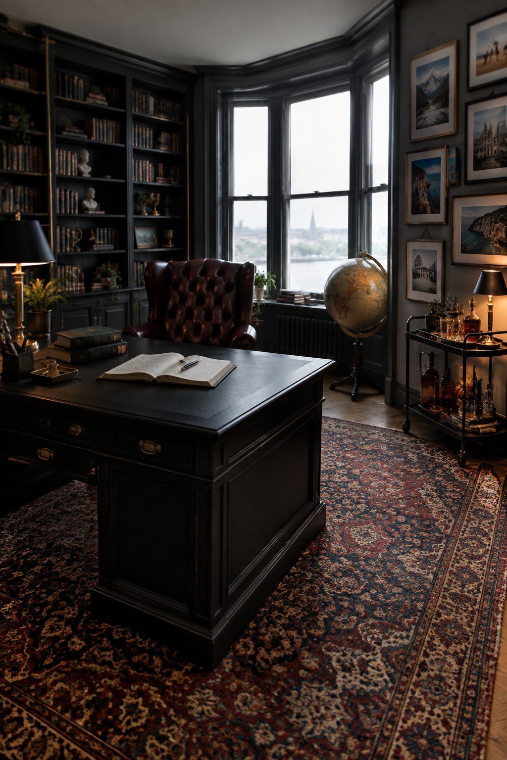 Dark study with black desk, tufted leather chair, globe, bookshelves, and city view window