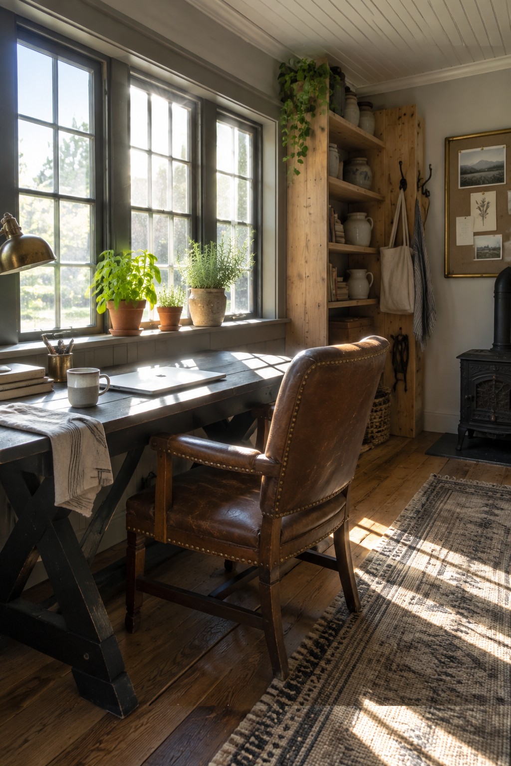 A sunlit home office with a black desk, brown leather armchair, wooden shelving, and plants on the windowsill.