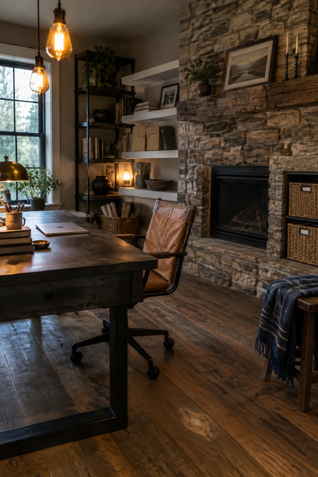 Rustic office with dark wooden desk, leather chair, and stone fireplace
