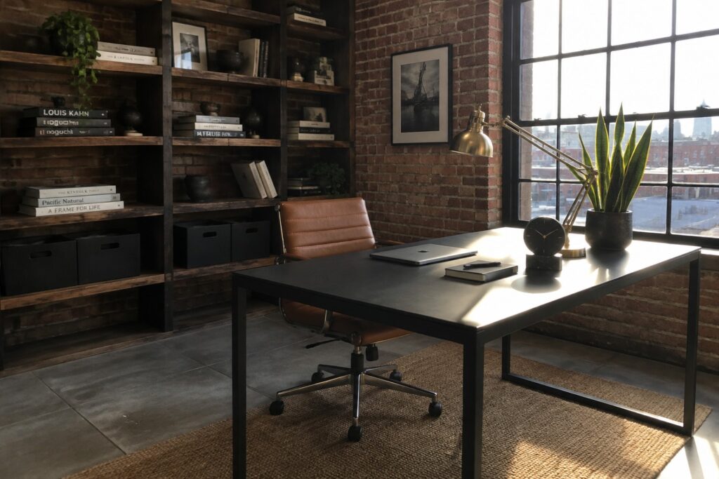 A home office with a black desk, brown leather office chair on a jute rug, wooden shelves, and an exposed brick wall.