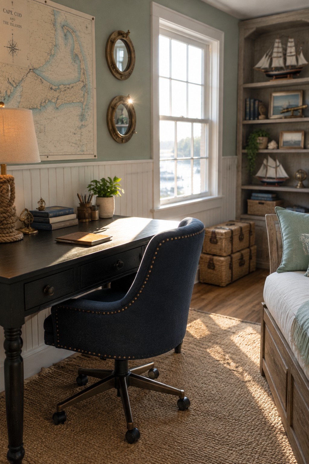 A black desk and navy blue upholstered swivel chair sit in a home office with a large window and nautical wall decor.